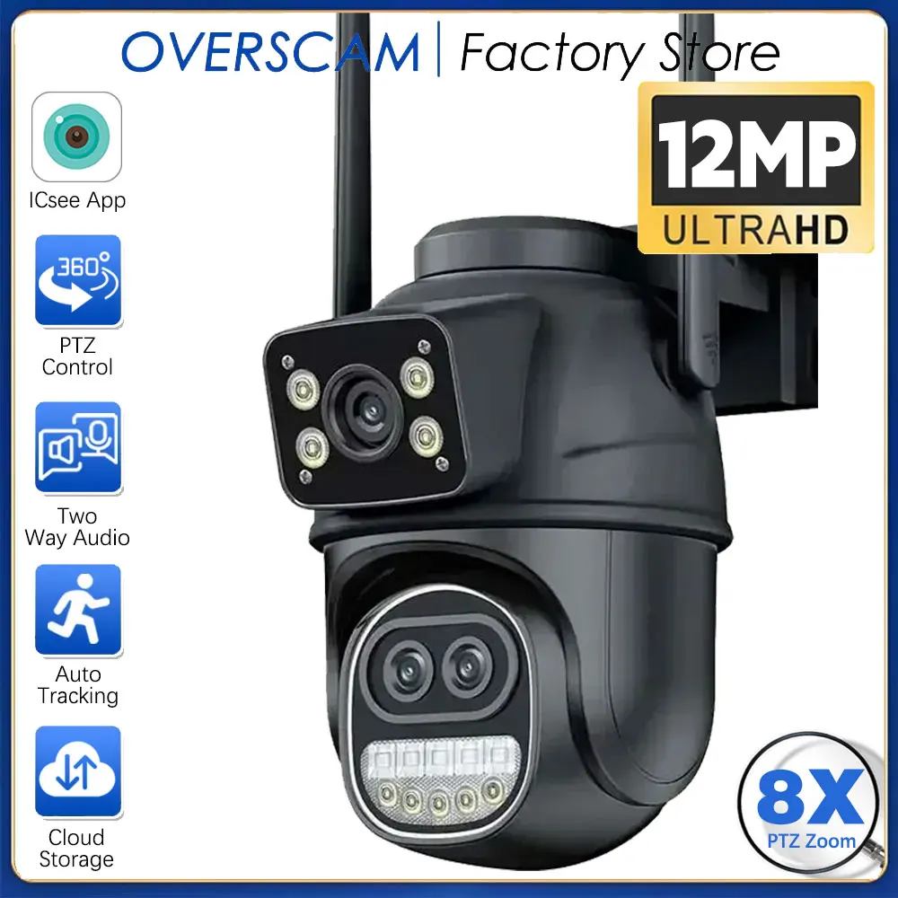 12MP PTZ Wifi 8X Zoom ثلاثة عدسات شاشة مزدوجة 360 °   زاوية واسعة الصوت تتبع السيارات 4MP كاميرا IP الأمن CCTV مراقبة iCSee