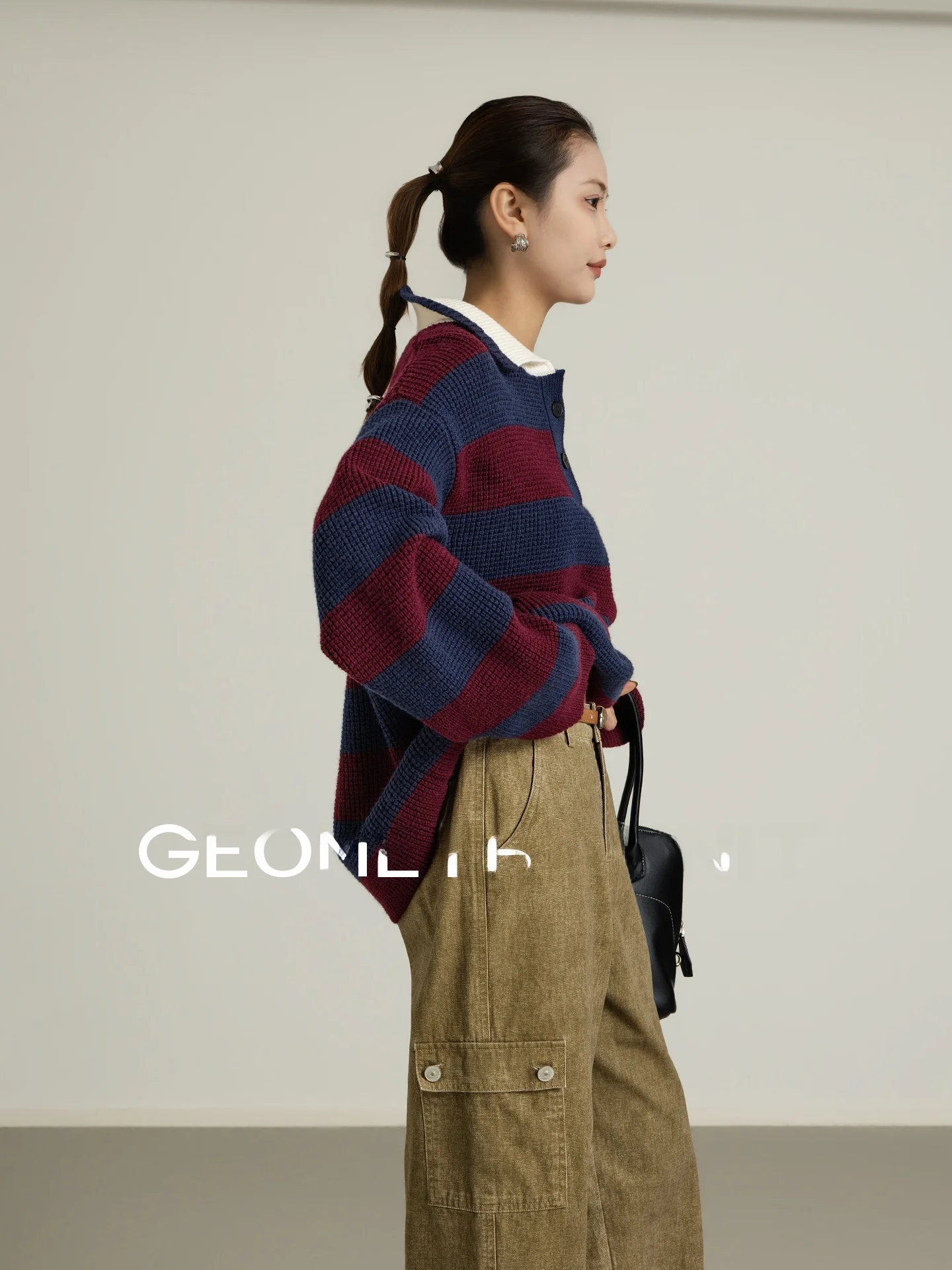 

Женский свитер в стиле ретро с геометрическим узором, фактурный, повседневный, с широкими полосами, из смесовой шерсти, длинный рукав, весна-лето