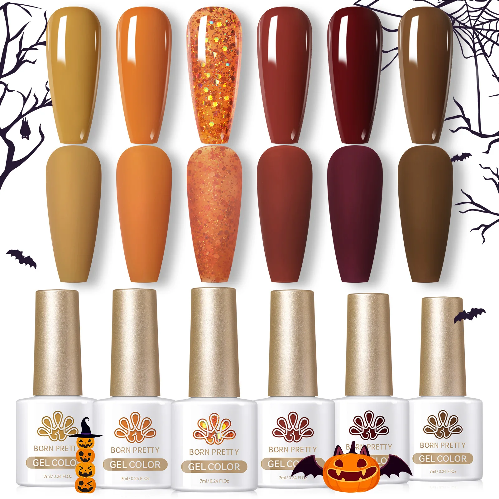 BORN PRETTY Fall Winter Gel Nail Polish Set Autumn Gel Polish Burgundy Caramel Brown Color Gel Varnish Orange Halloween Nails