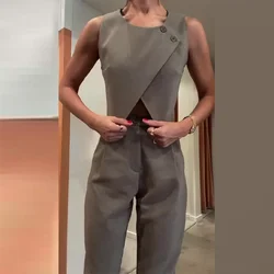 Summer Two Piece Sets Casual Suits Womens Outifits Women Solid Crew-neck Button-up Top and Temperament Straight-leg Pants Sets