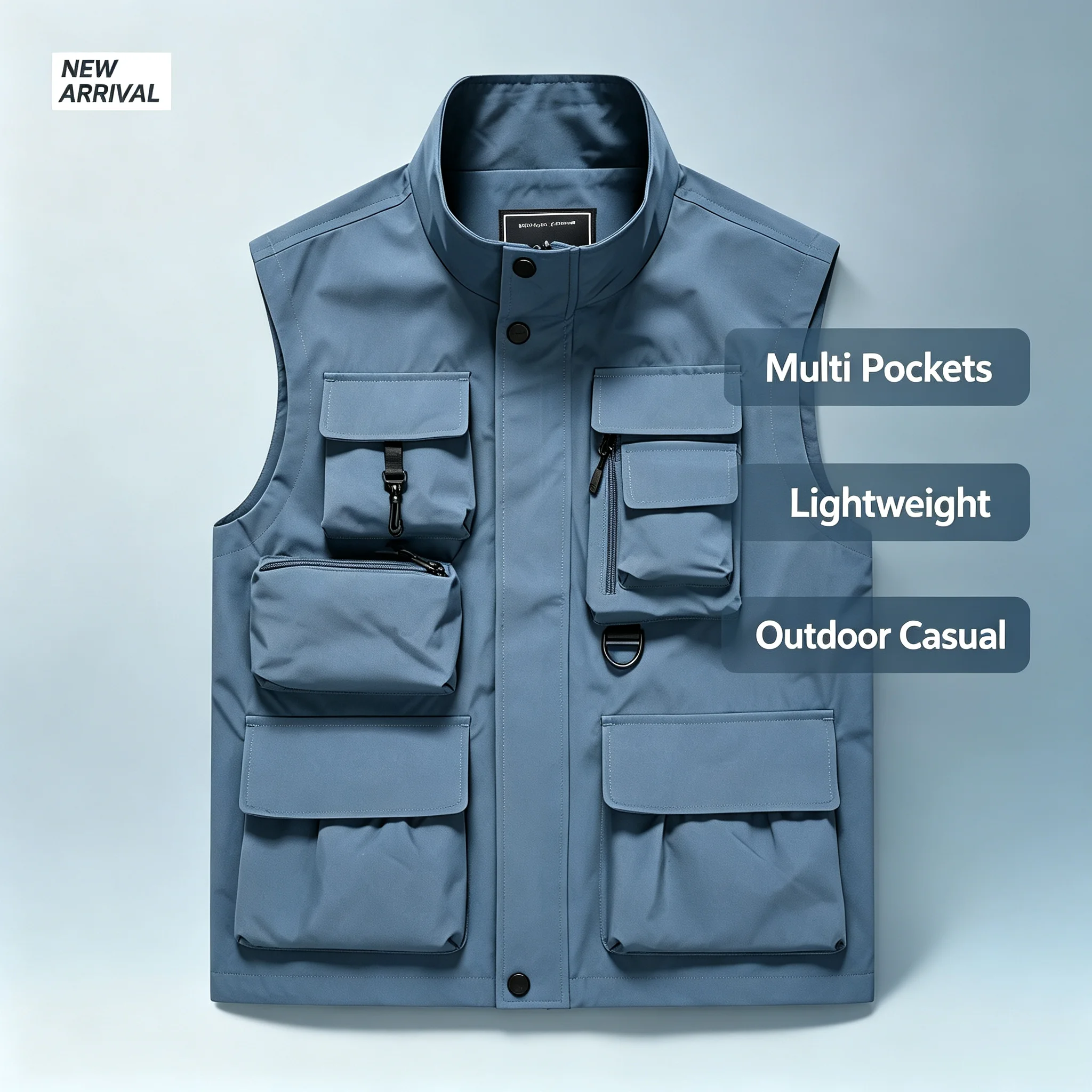 Printing LOGO Men's Outdoor Tooling Multi-Pocket Casual Outdoor Fishing  Vest with Vertical Collar Breathable Quick-drying Vest