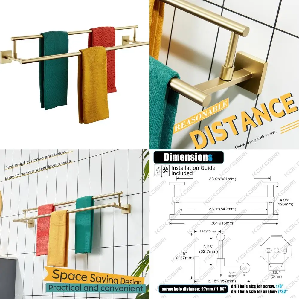 

Overlength 36-Inch Double Towel Rails for Bathroom and Kitchen, Brushed Gold Stainless Steel Towel Racks, Space-Saving Design