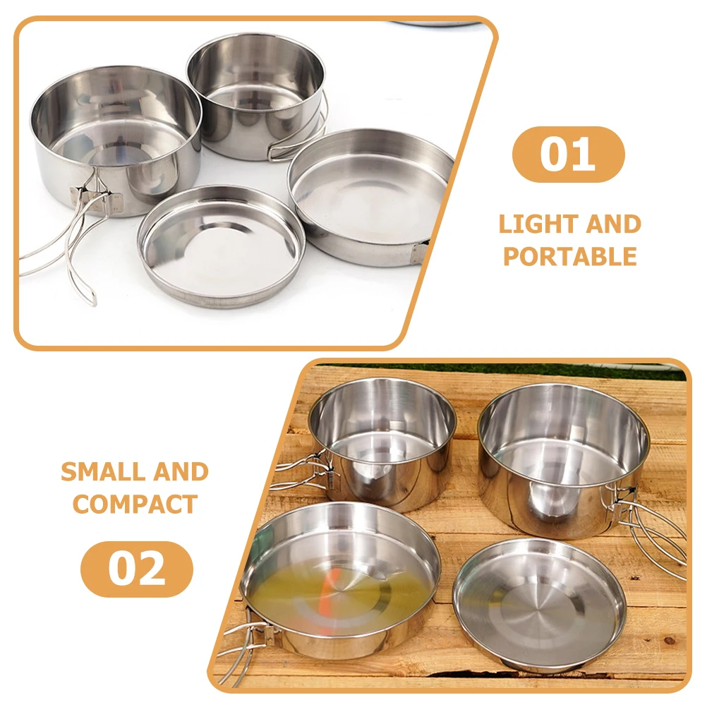 

Camping Cookware Portable Set Bowl Cooking Kit Gear Stainless Steel Silver Camper Kitchen Accessories Outdoor
