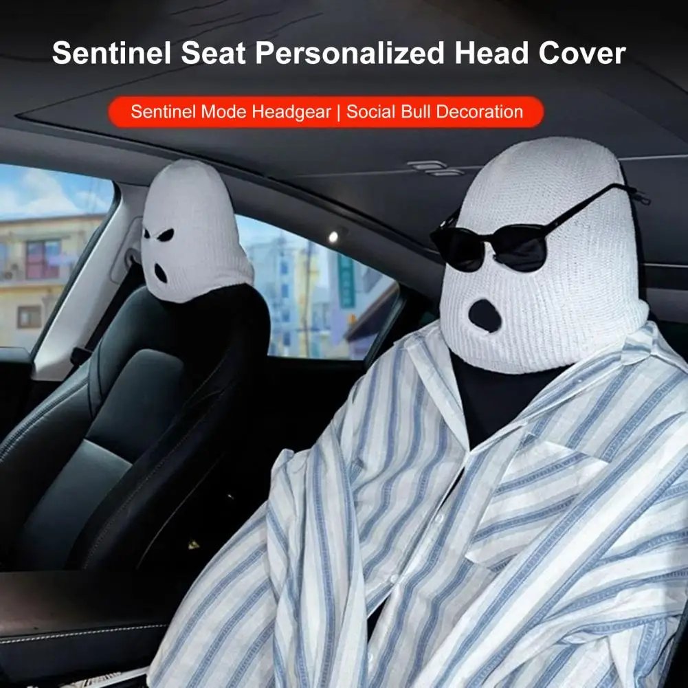 Spoof Car Seat Cover Auto Funny 3-Holes Masked Person Knitted Headgear Halloween Headrest Cover Car Anti-theft Accessories