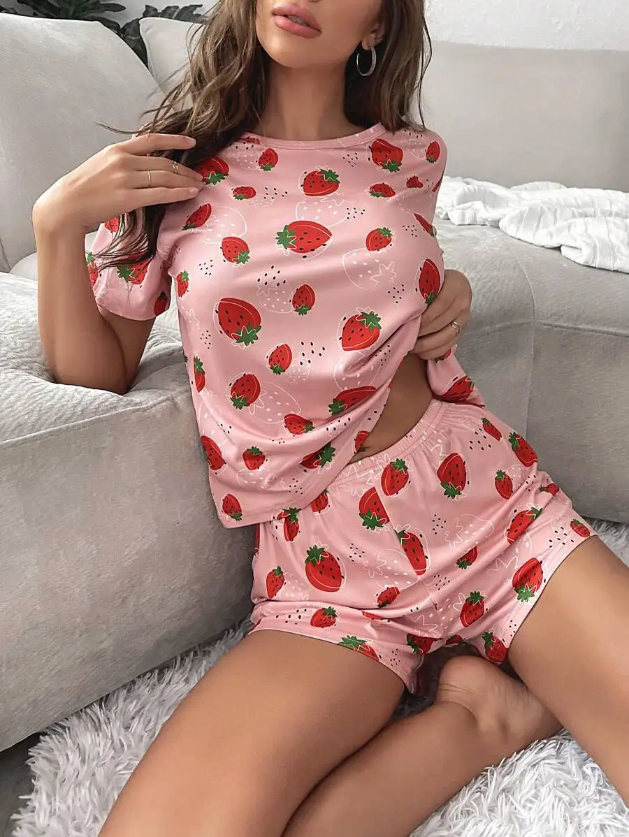 

Strawberry Print Pajama Set For Women Short Sleeve Sleepwear