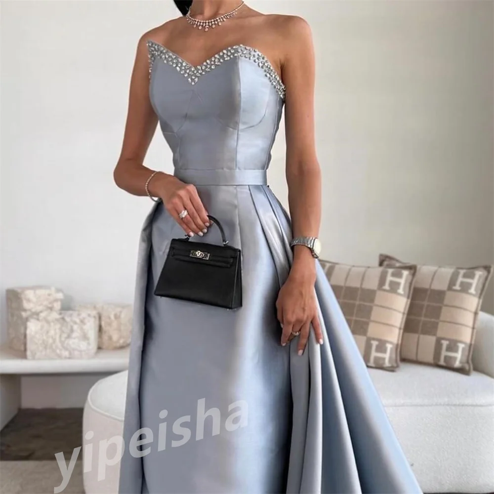 Exquisito vestido de noche de satén con diamantes de imitación para mujer, traje Formal hasta el suelo, escote corazón