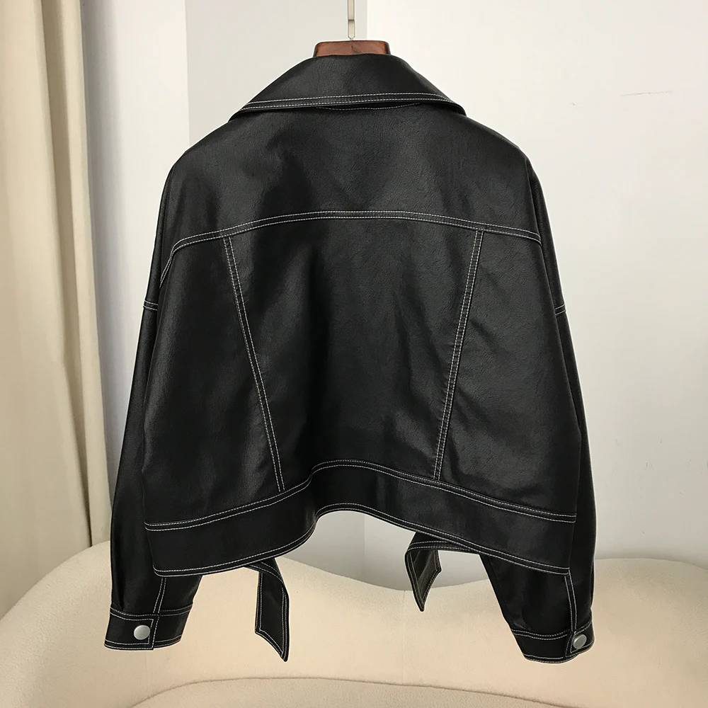 New Biker Jacket Streetwear Faux PU Leather Coat Spring Women Fashion Split Hem Black Lapel Long Sleeve Female Casual Fashion