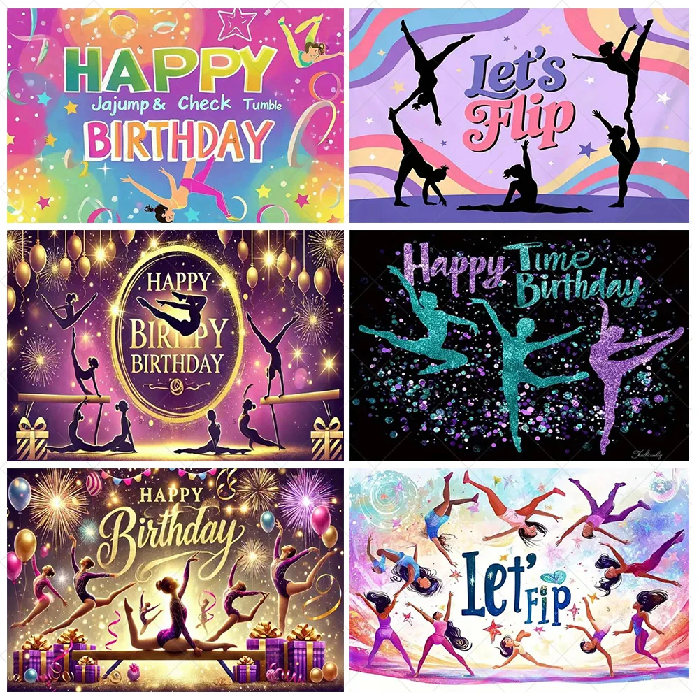 

Let's Flip Gymnastic Backdground Jump Tumble Play Gymnast Rhythmic Backdrop Supplies Gymnastic Girl Birthday Party Decoration