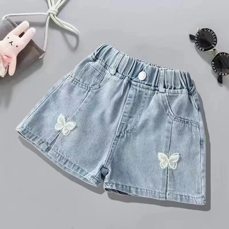 Girl Summer Shorts Casual Denim Pleated Britches Fashion 2024 Pants Comfortable Hot Trousers Korean Style Kid Jeans 3 4 6 8 10Yr