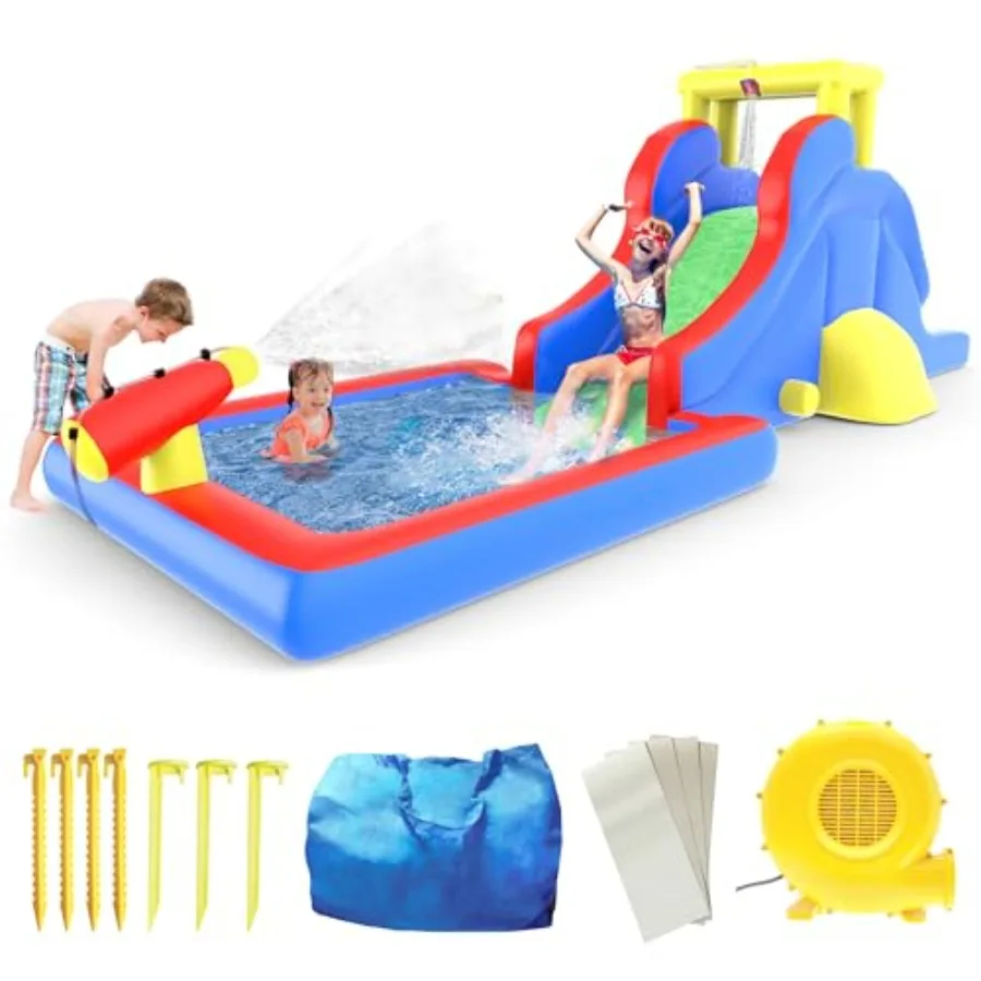 

Inflatable Slide Park with Pool Splash Zone Bouncing House Climbing Wall Built-in Sprayers Cannon Mount Heavy Duty GFCI ETL Cer