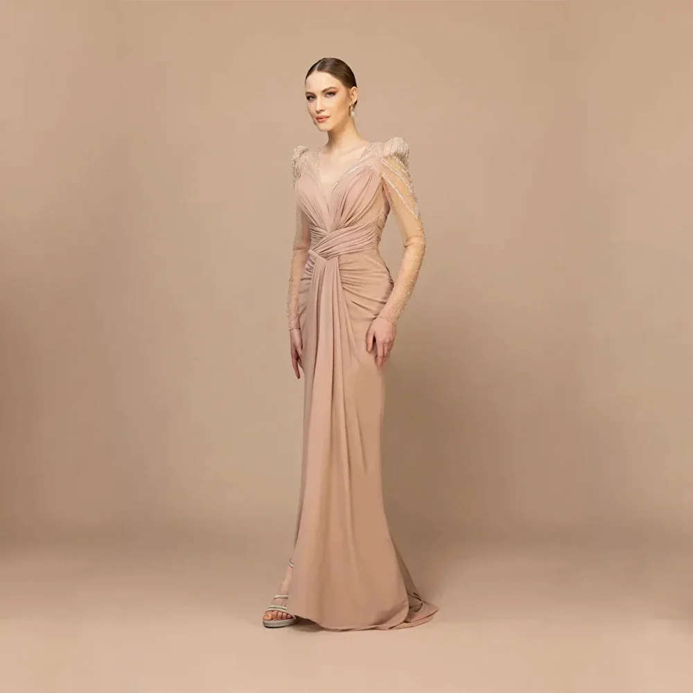 فساتين سهرة أنيقة عالية الجودة من الجيرسيه بطول الأرض ورقبة على شكل حرف v فستان حفلة موسيقية مطرز بالخرز مستقيم رداء De Soirée مخصص