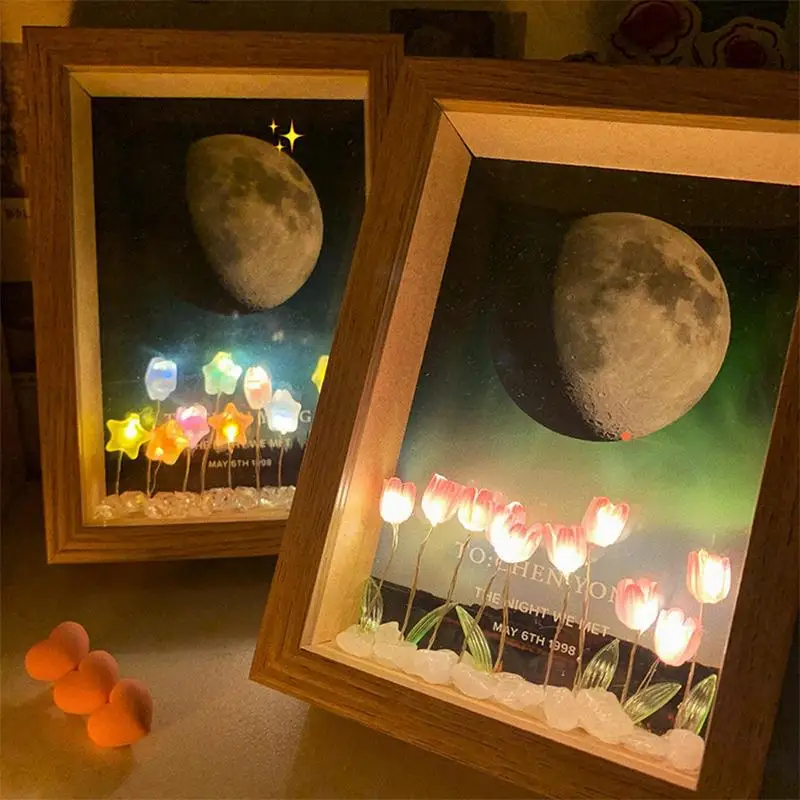 Tulipas Photo Frame Night Light, Flor Picture Frame, Luz Decoração Móveis, USB Powered