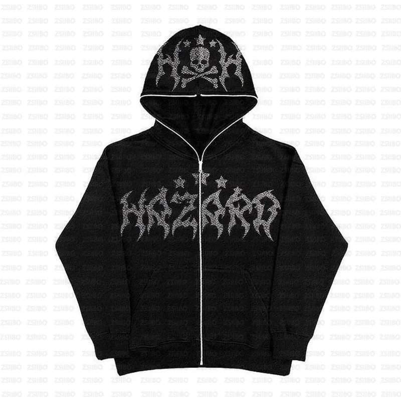 Spring Y2k Skeleton Rhinestone Hoodies Women Men Hip Hop Zip Long Sleeve Jacket Coats  Harajuku Casual Loose Hooded Sweatshirt