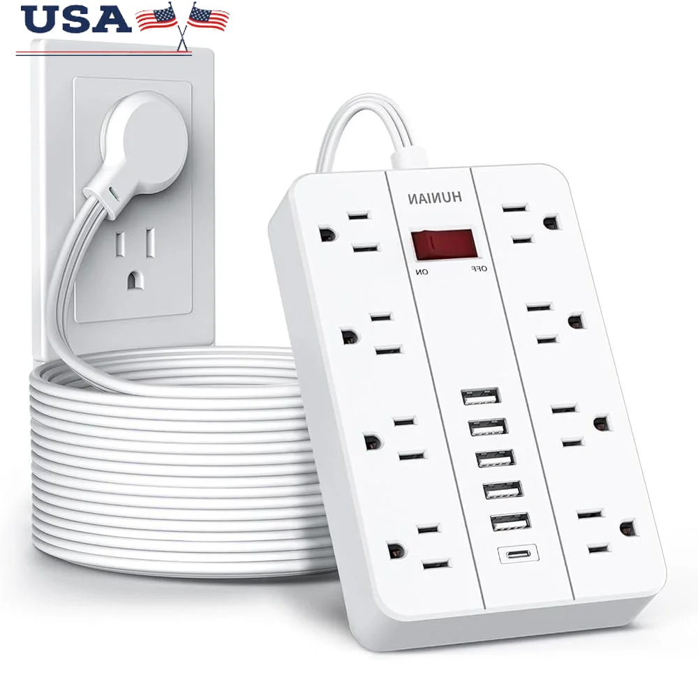 

15FT Extension Cord Power Strip Surge Protector 8 Widely Spaced Outlets 6 USB Ports USB C Wall Mount Flat Plug Anti Slip