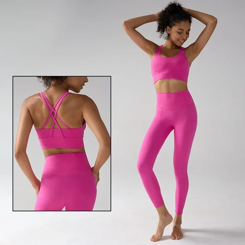 Sexy Solid Color 2 Piece Yoga Set High Waist Leggings & Sports Bra Gym Suit Gym Running Fitness Workout Women Sportwear👍️🏃‍♀️