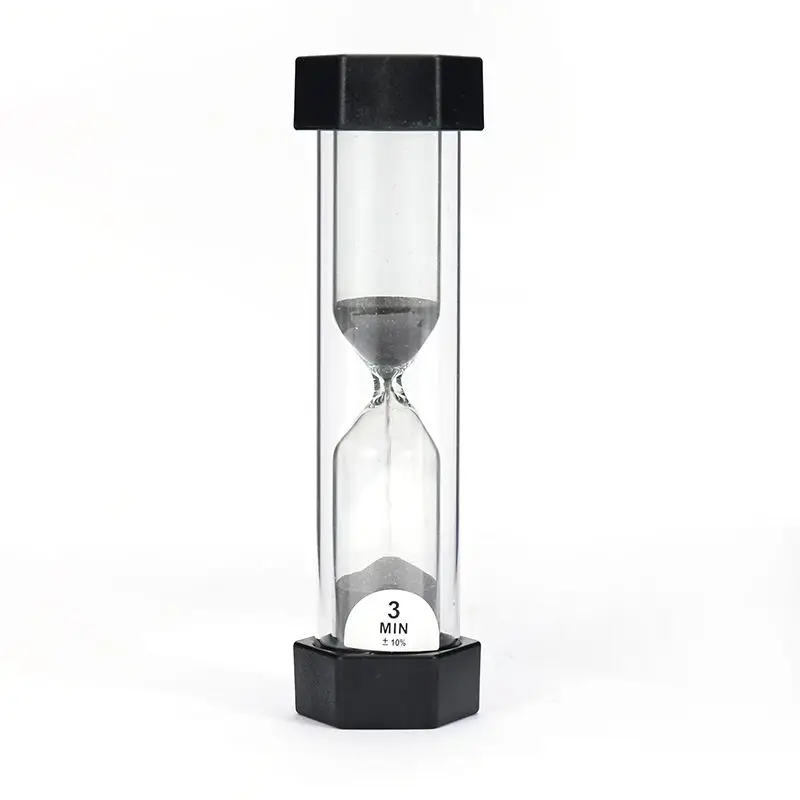 3 Minute Black Hexagonal Hourglass Sand Timer Durable Plastic Cover Gray Sand Clock For Kids Toothbrushing Kitchen Home Office