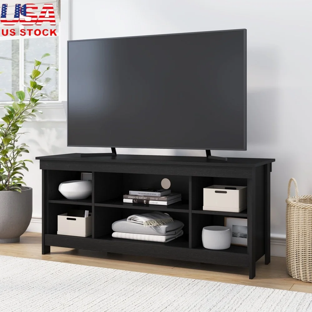 

Open Shelf TV Stand TVs up to 50 Inch Adjustable Storage Console with Cable Management Tool-Free Assembly 6 Compartments Black