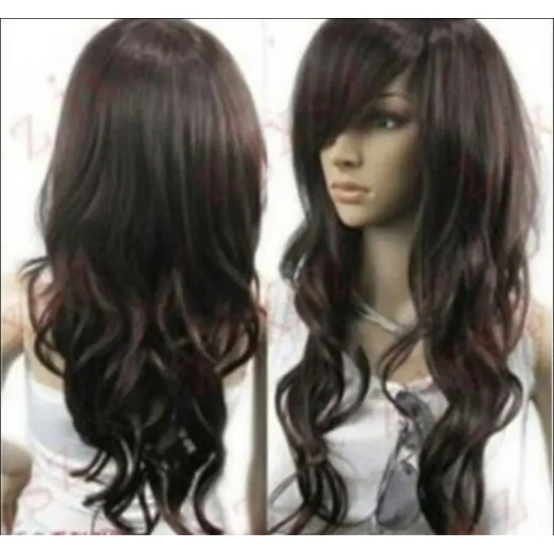 

WIG Heat Resistant Women Dark Brown Long Wavy Oblique Bangs Cosplay Hair Full Wig