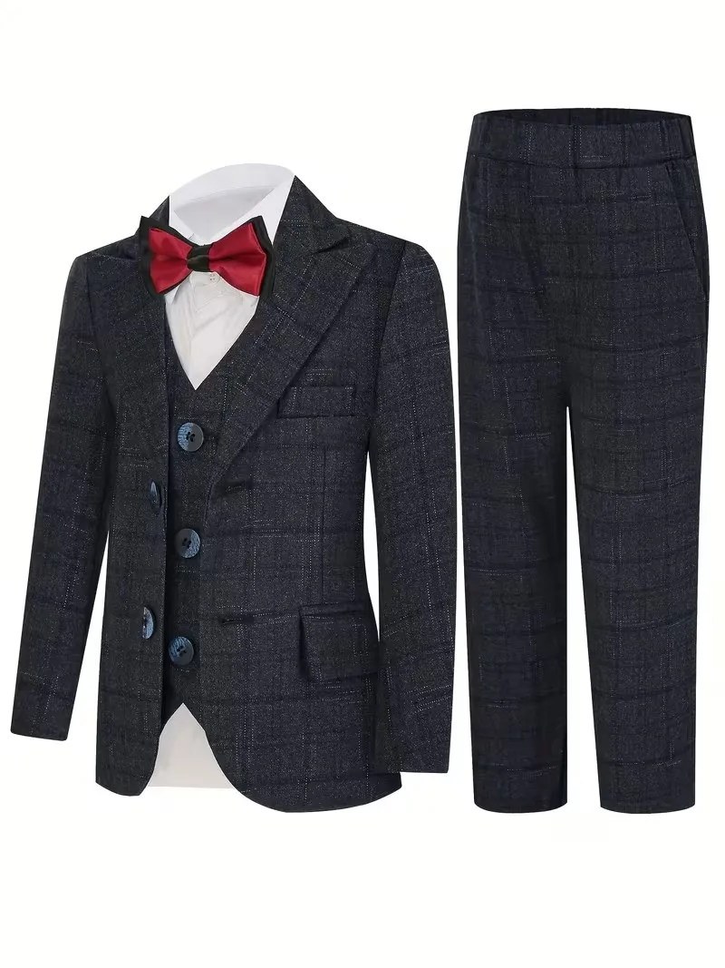 British Style Boys Spring Jacket Vest Pants Bowtie Wedding Suit Kids Host Piano Dress Children Ceremony Photography Costume