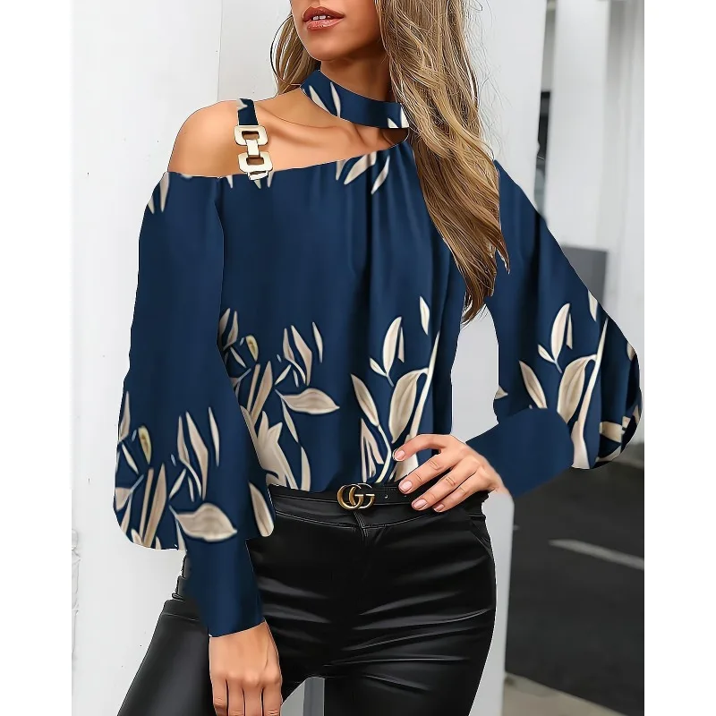 Herfst Casual Lange Lantaarnmouw Één Schouder Chian Losse T-Shirt Blouse Streetwear Elegant Vrouwen Shirt Top Y 2K Ins Kleding