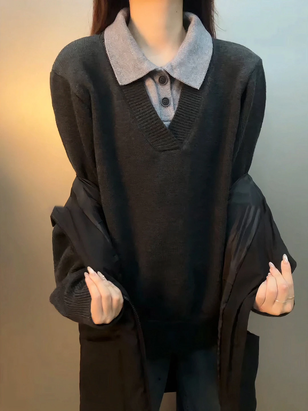 

American Retro Ne Sweater Men's Winter CleanFit Inner irt Fake Two-Piece Knitted Top Button Closure Loose Fit Long S...