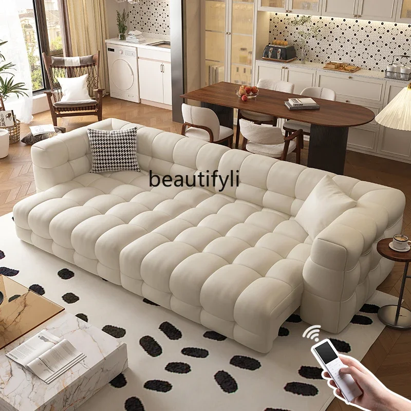 Cream Style Simple Leather Electric Sofa Small Apartment Retractable Function Straight Dual-Use Living Room Sofa Bed