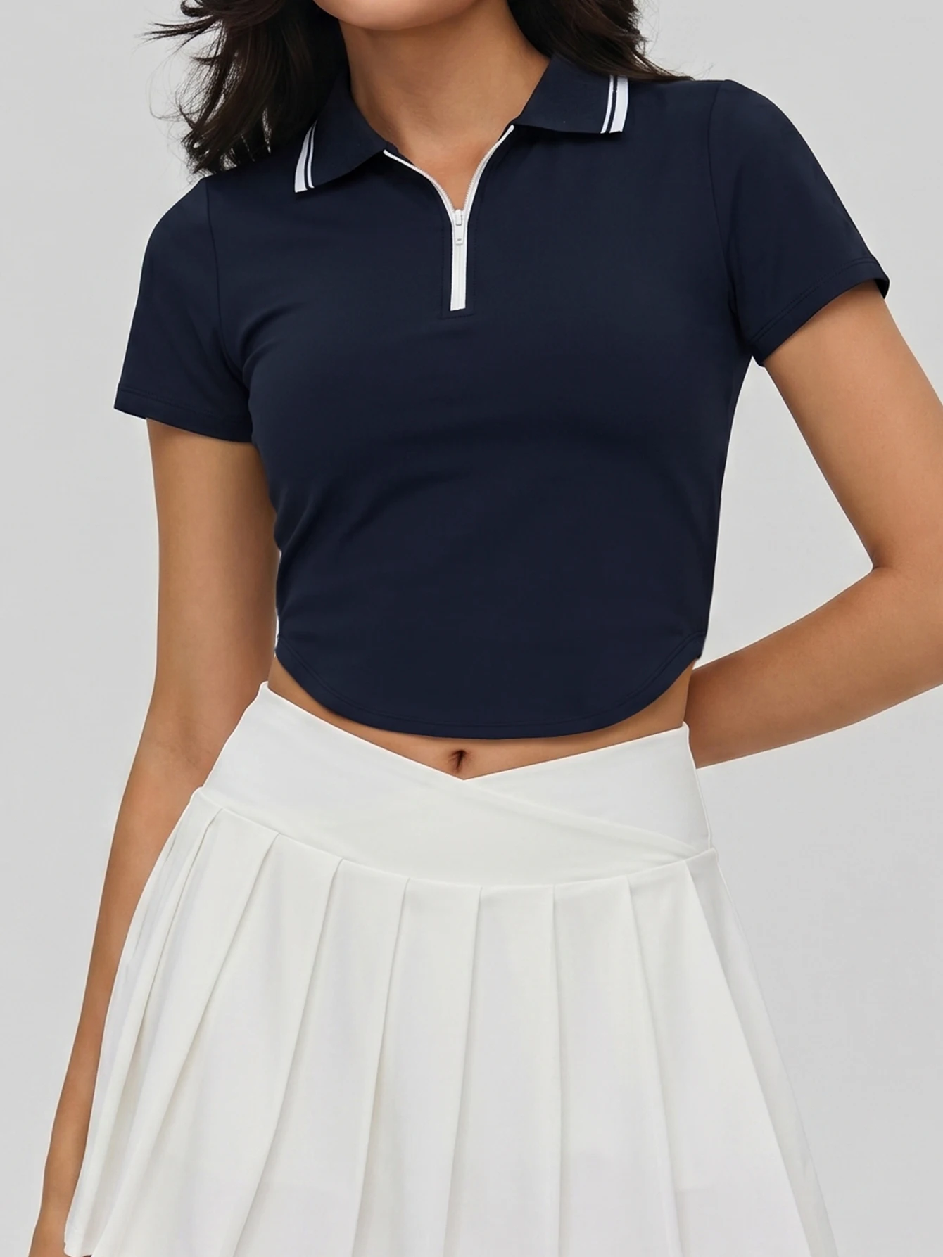 Women Half Zip Polo Collar Athletic T-Shirt Curved Hem Cropped Workout Top Slim Relaxed Fit Short Sleeve Tee For Tennis Yoga Run