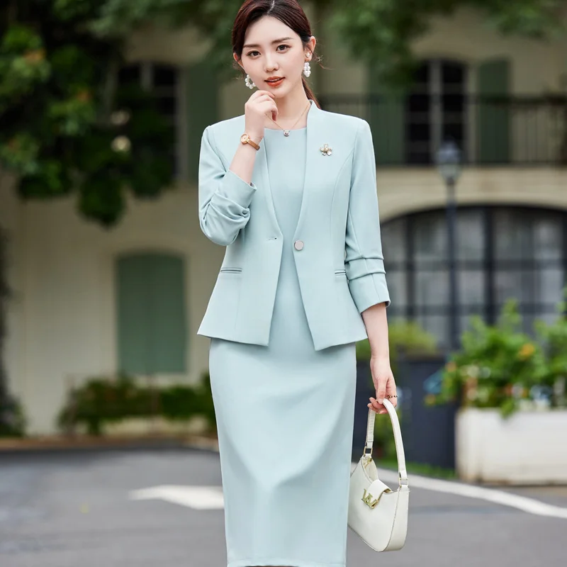 Office Suit Women High Quality Formal Blazer + Sleeveless Dress Elegant 2 Piece Suit Commuter Career Set Pink/Blue/Black Jacket