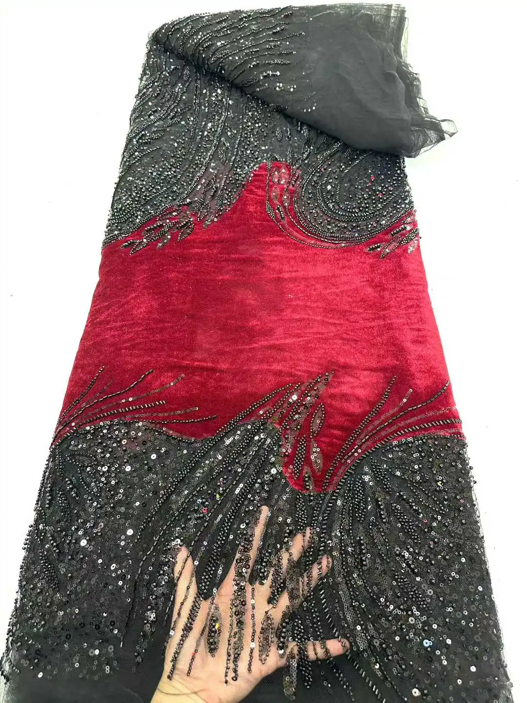 

Nigerian Latest African France 2025 Hot Sale Velvet Tulle Lace Fabric With Beads Sequins for Bride Wedding Party Sew Dresses