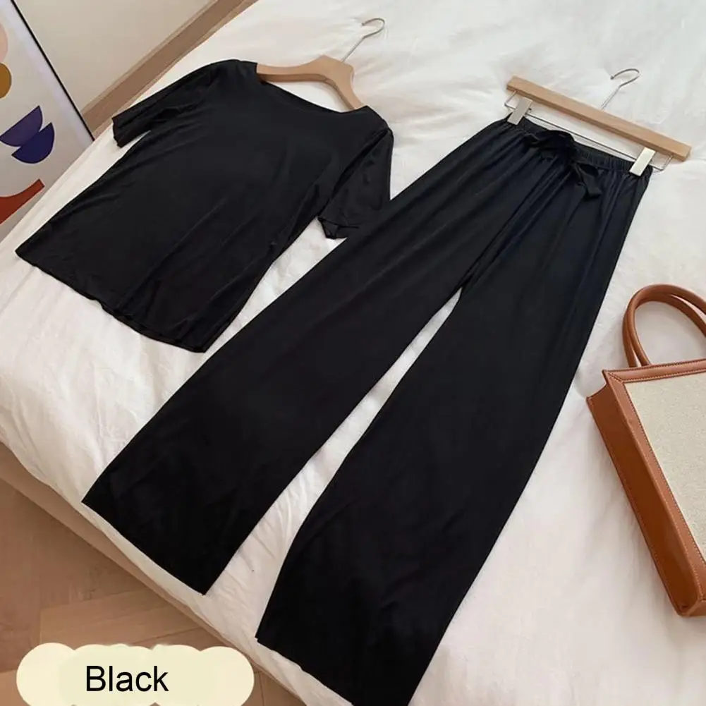 Round Neck T-shirt Pants Set Stylish Women's Summer Sleepwear Set 2-piece Ice Silk Pajamas with Round Neck T-shirt for Casual