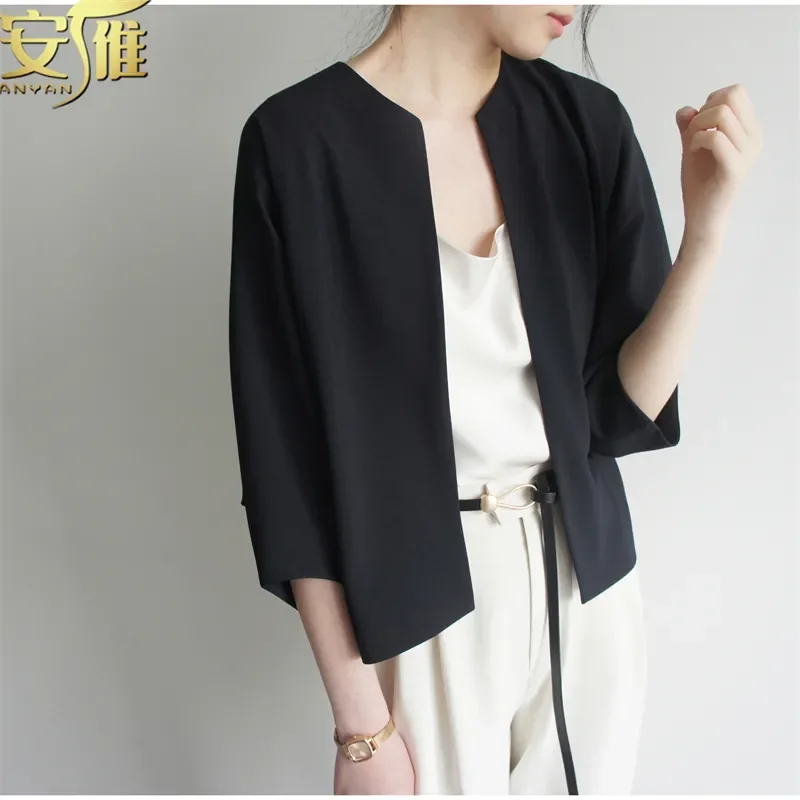 

Черный темно-синий приталенный пиджак, не мнущийся, модный, шикарный, женский, укороченный, элегантный, для работы