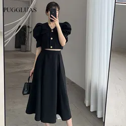 Summer Elegant Black Two Piece Dress Sets Retro Womens Outifits Puff Sleeve Crop Top+A Line Skirts Korean Fashion Hepburn Suit