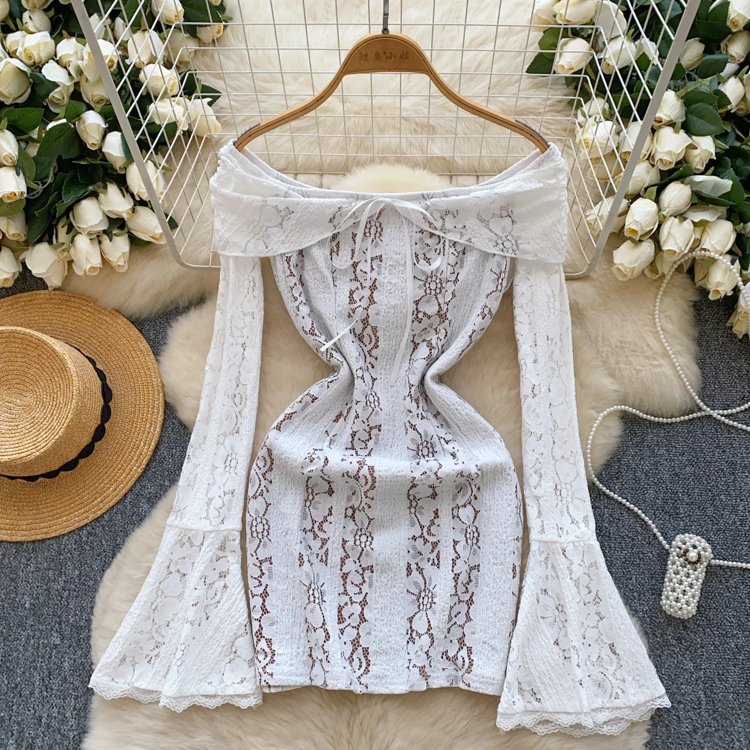 Elegant Long Flare Sleves Sexy Turn-down Collar Off Shoulder Chic Lace Slim Short Dresses Evening High Street Autumn Clothing