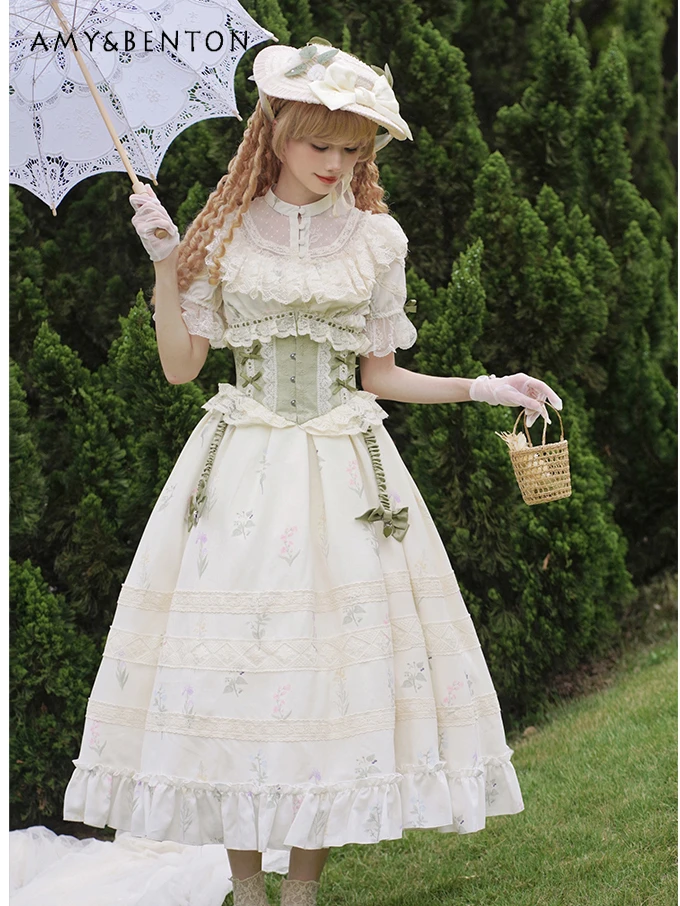 

French Temperament Princess Dress for Women Pastoral Sweet Cute Printed Lace Short Sleeve Slim Mid-Length Lolita Dresses Summer