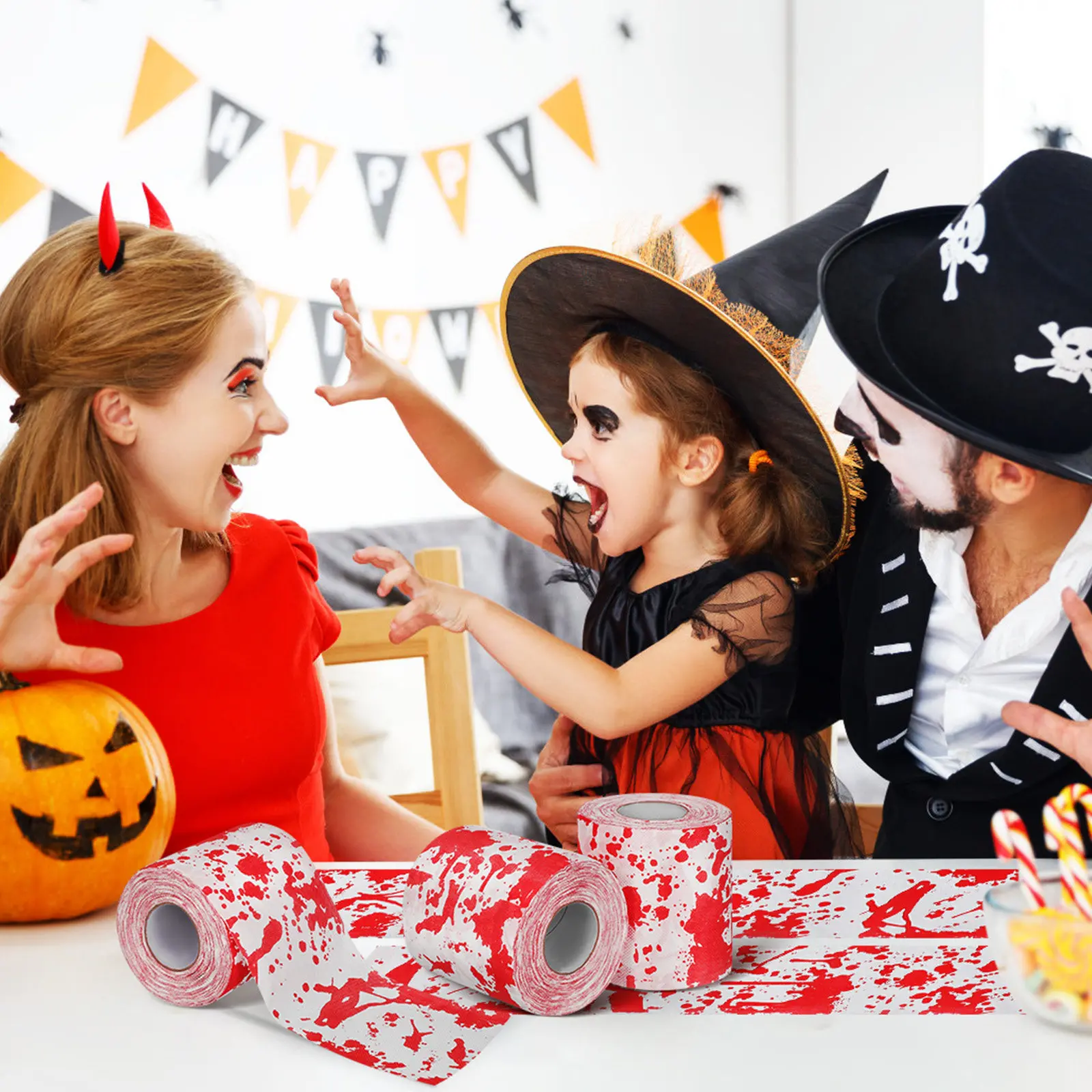 3 Rolki Papieru Toaletowego z Motywem Halloween, Papierowe Ręczniki do Łazienki, Horror, Krwawe, Rekwizyty do Psikusów, Prezenty na Halloween, Gadżety