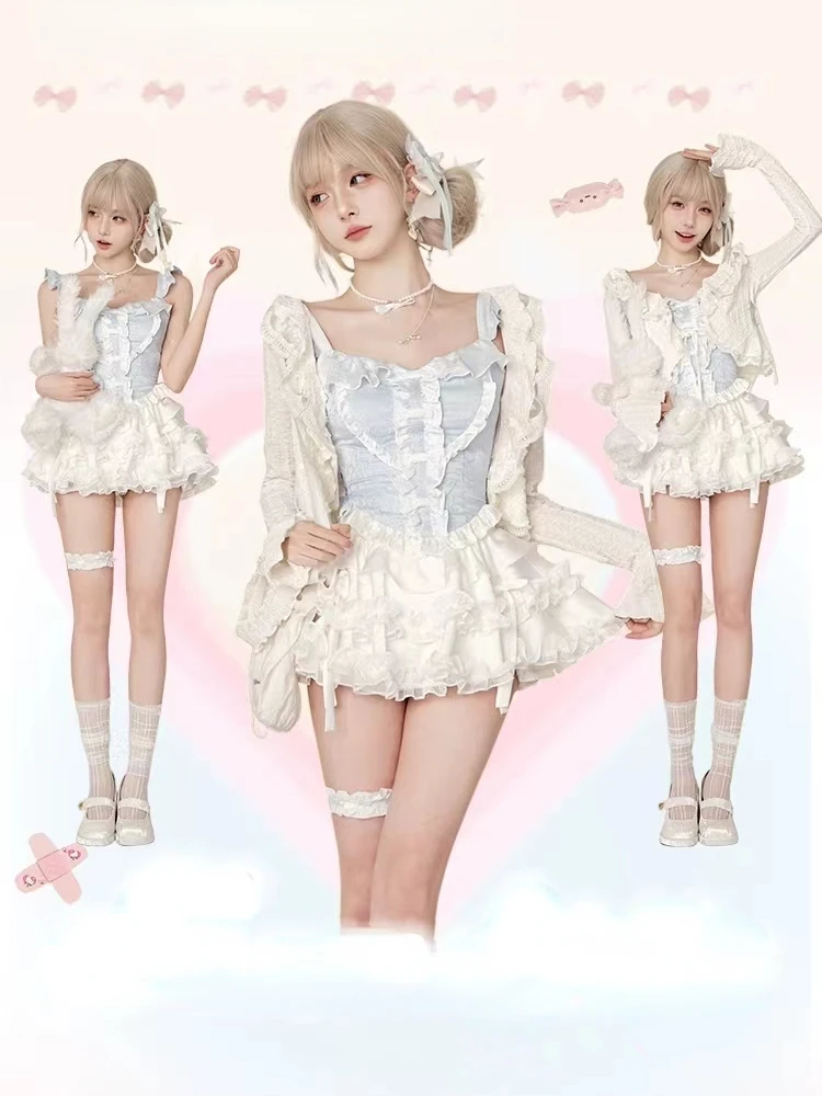 Summer Hot Girls Clothing Set Sweet Kawaii Suit Casual Short Cardigan + Slim Lace Camisole Vest + Y2k Mini Skirt Japanese Style