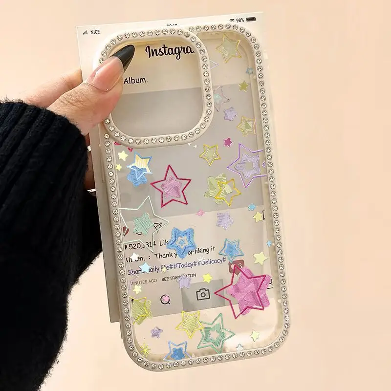 

Transparent Phone Case For iPhone 16 16e 15 14 Plus 13 12 11 Pro Max INS Rhinestone Colored Stars Print Clear Protective Cover
