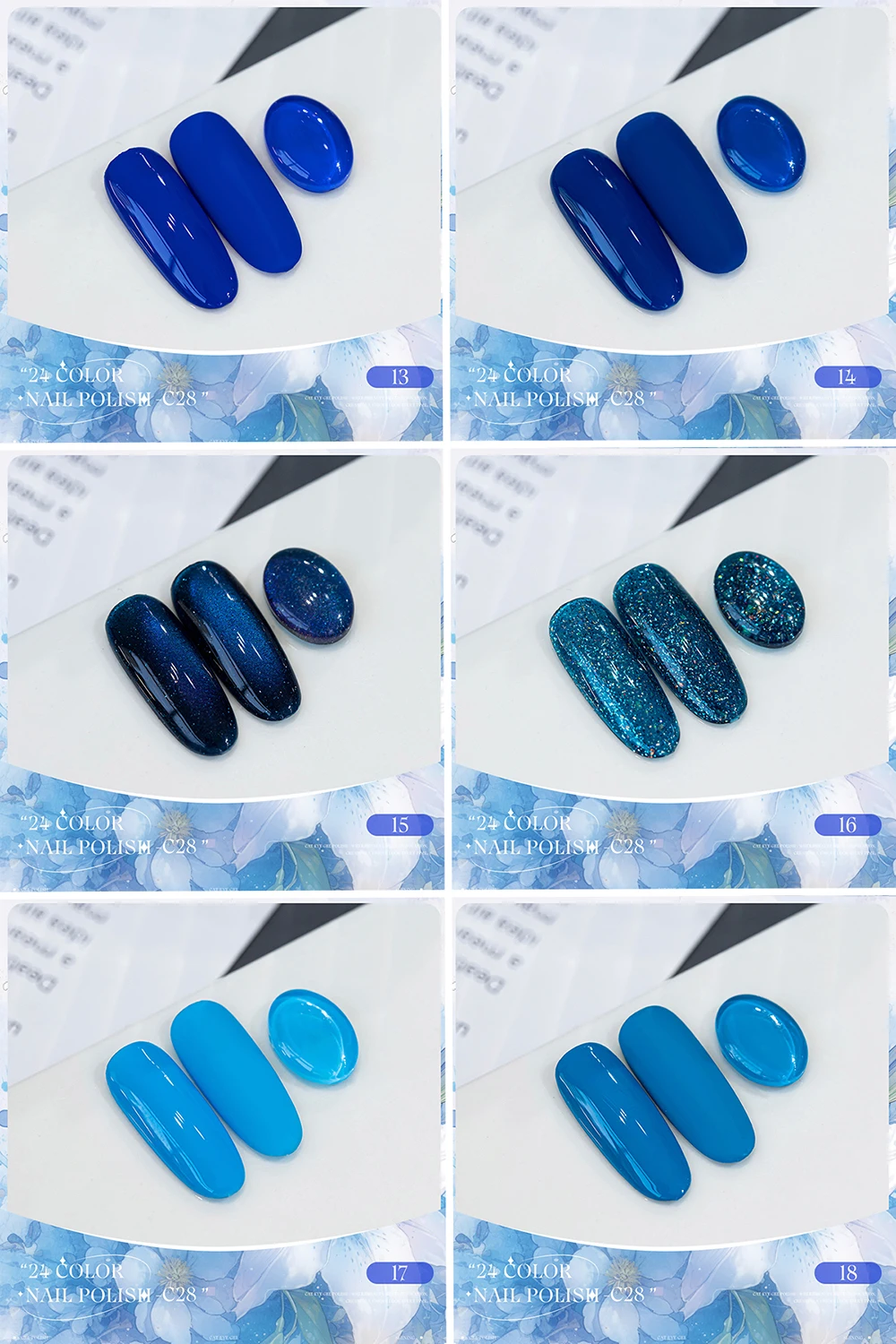 Vendeeni 24 Farben Hochpigmentiertes Blaues Gel-Nagellack-Set, Reine Farben, Glitzer, Katzenaugen-Effekt, Gemischter UV-Soak-Off-Gel-Lack mit Display – Detail 7