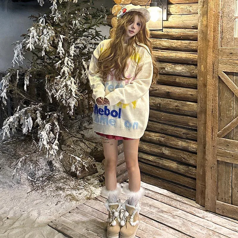 文字が刺繍されたカラフルなセーター,ヴィンテージ,カジュアル,シックなトップス,原宿,y2k,e-girlsレインボーエステティック,キュートでキュート