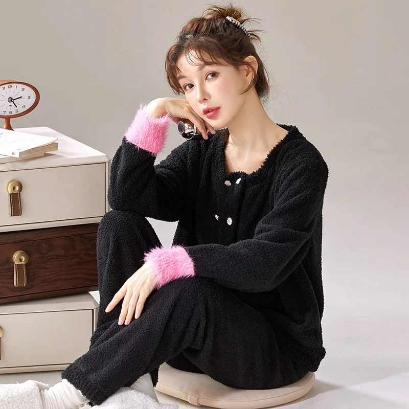 Pigiama da ragazza a mezza pile foderato in pile ispessito girocollo manica cardigan homewear primavera autunno inverno indumenti da notte da donna