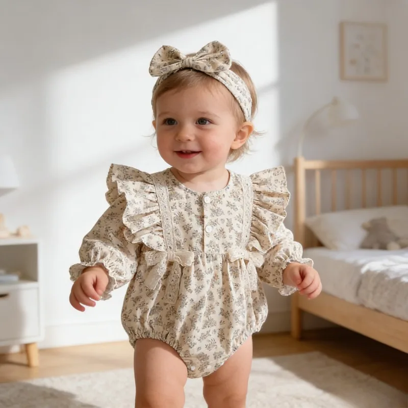 

Весенне-осенний комбинезон в корейском стиле с цветочным принтом для девочек, с длинными рукавами и треугольным дизайном для ползания