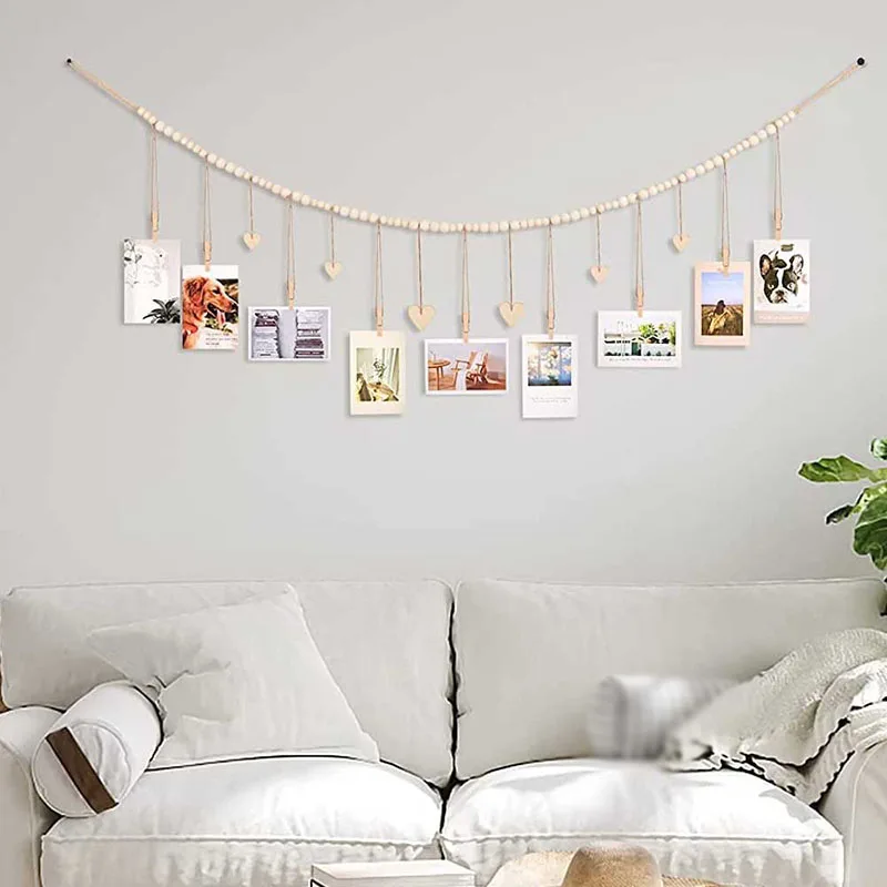 Wall Hanging Photo Display with Wooden Beads, Garland for Home Party, Wedding Anniversary, Memory Collection, String Ropes