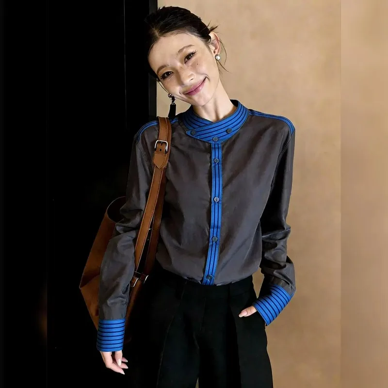 

Casual Women's Blouses Solid Colors Vintage Shirts Fashion Loose Fit Spring/Summer Clothing Long Sleeves Patchwork Women Top