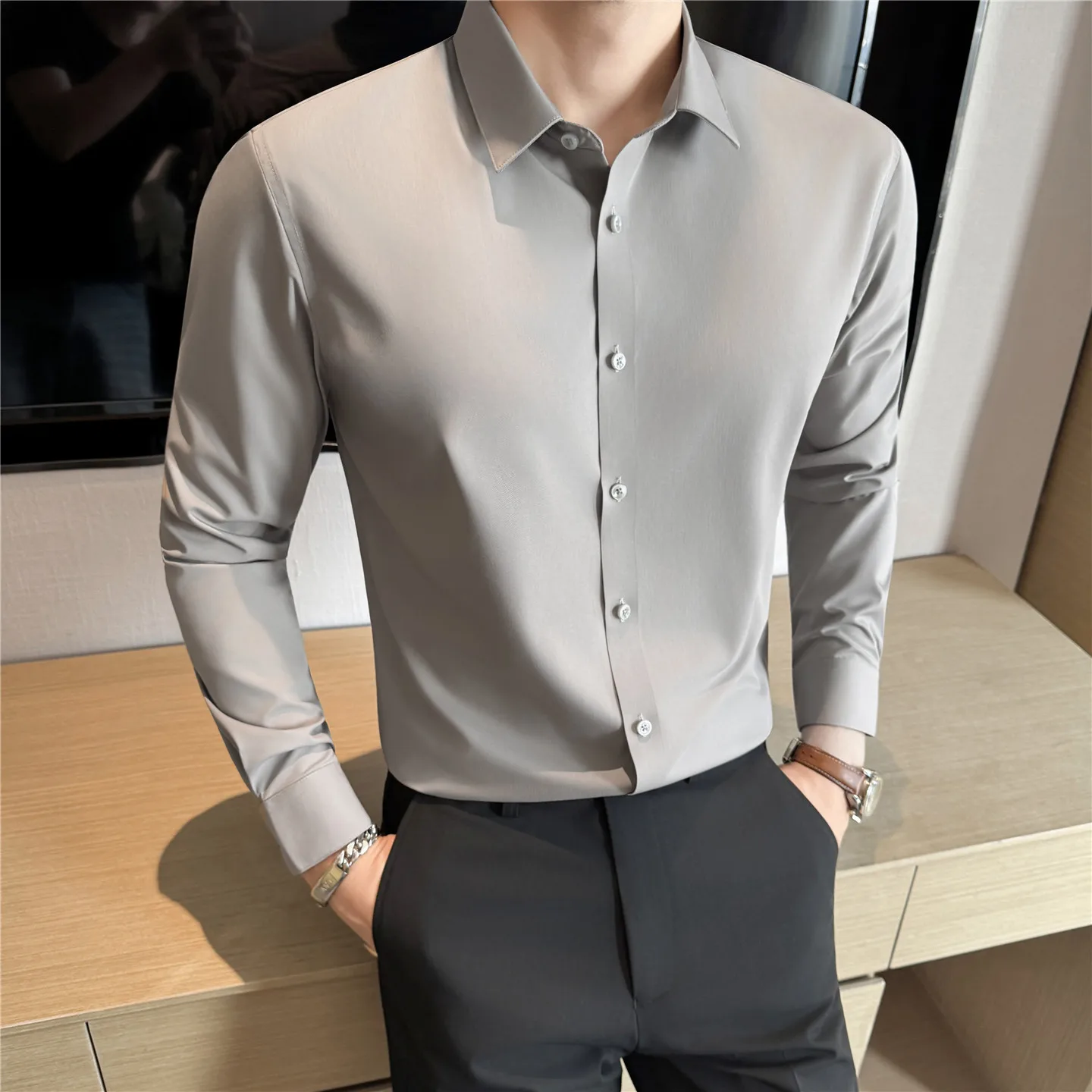 

High Quality Bamboo Fiber Seamless Shirt Men's Fashion Business Casual Long Sleeved Shirts Social Office Uniform Formal Shirt