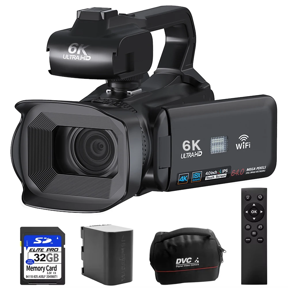 Видеокамера 6K, видеокамера 64 МП для прямой трансляции Youtube, поворот 4,0 дюйма, цифровые камеры с сенсорным экраном, записывающее устройство для видеоблогов, 18-кратная веб-камера с WIFI AF
