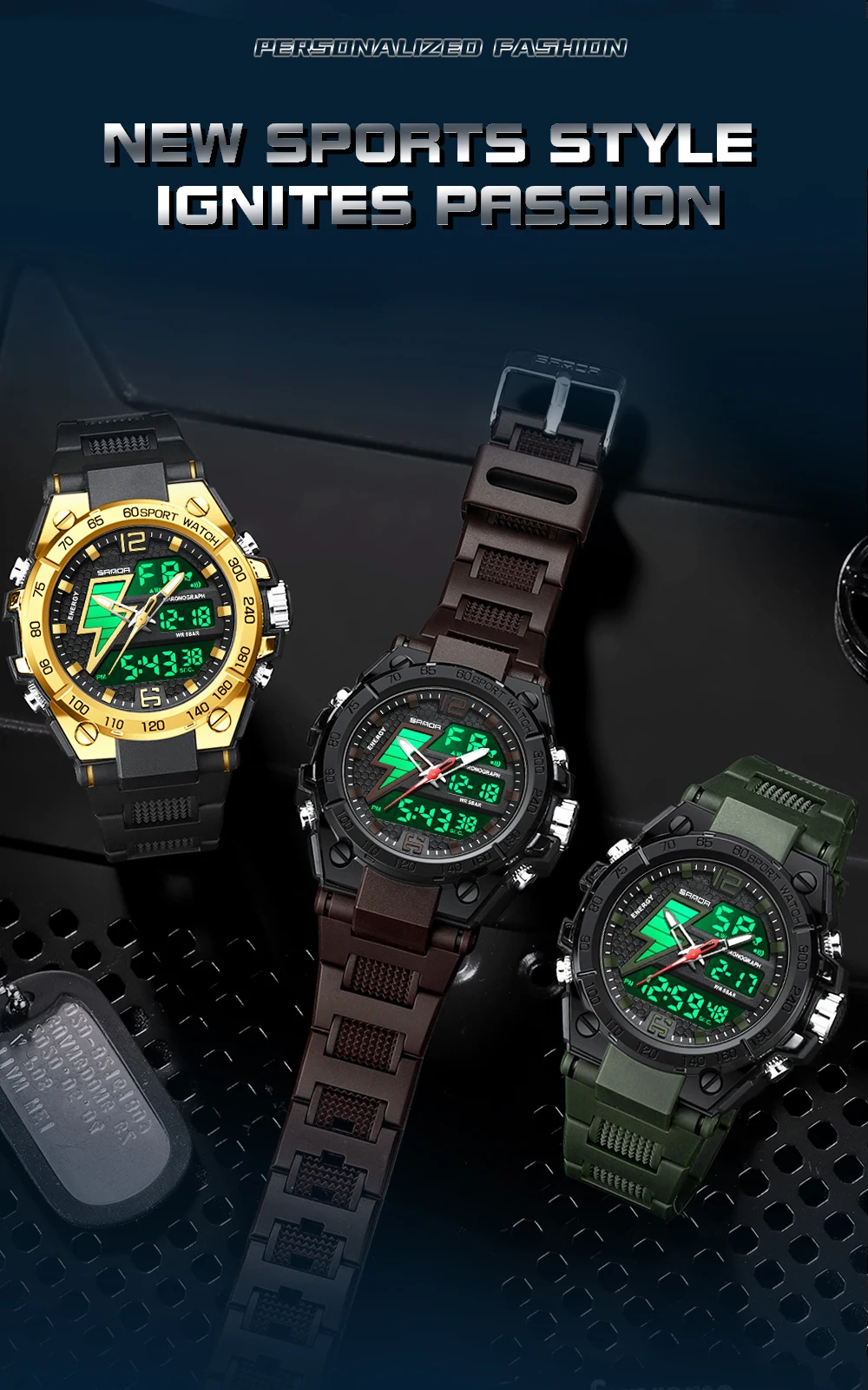 SANDA-Montres militaires étanches pour hommes, montre-bracelet à quartz électronique LED, chronomètre à 2 temps, alarme, horloge numérique, Reloj zones bre