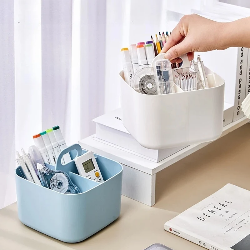 

Desktop Organizer Box Split Pen Marker Organizer with Handle Versatile Cosmetic Container Box Bedroom Table Portable Storage Box