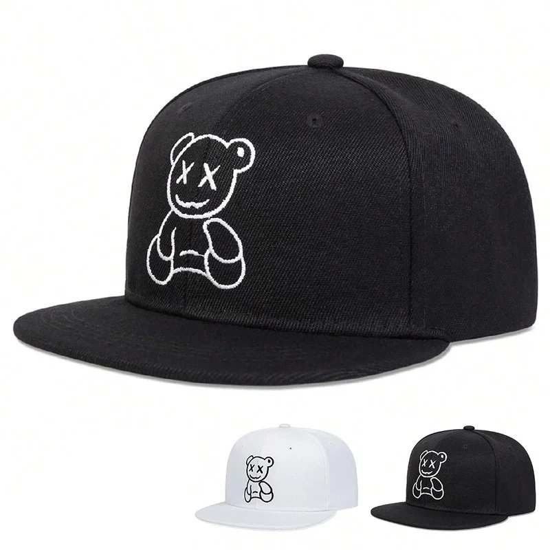 Cartoon Bear Outline 3D Embroidered Flat Brim Snapback Hat, Unisex Adjustable Street Baseball Cap for Men Wome