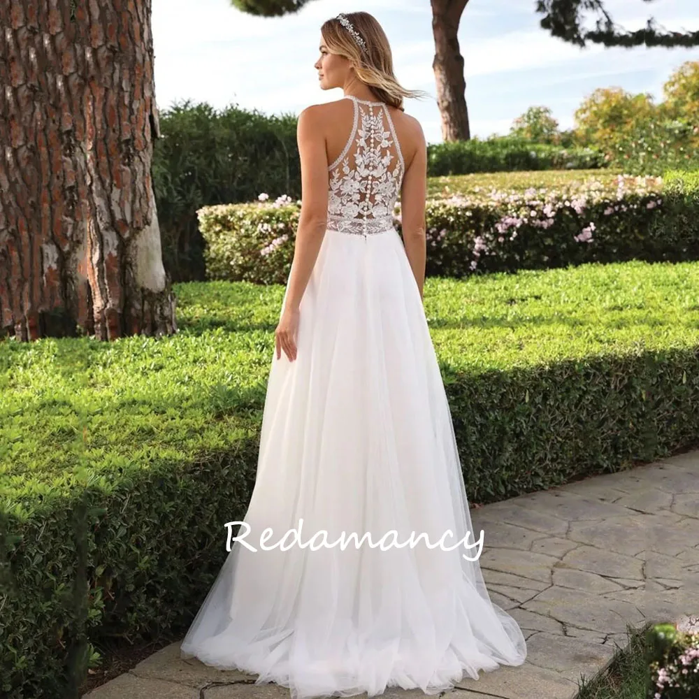 Redamancy Deep V Neck Summer Wedding Gowns Halter neck Sleeveless Bride Dress A line Tulle Lace Women Wedding Dress 2024 Custom