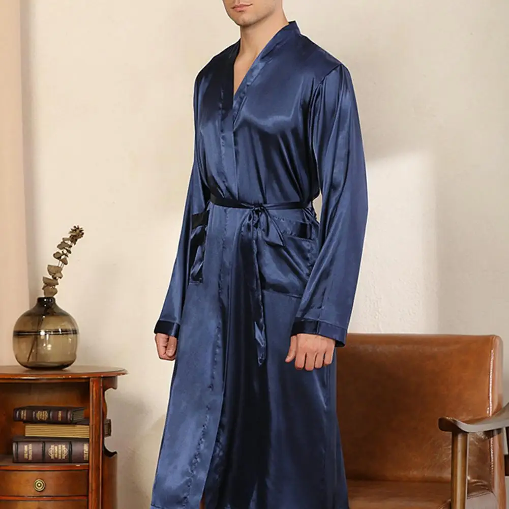 Knee-length Bathrobe Luxurious Satin V-neck Men\'s Bathrobe with Lace-up Waist Belt Long Sleeves Pockets Soft Breathable for Fall